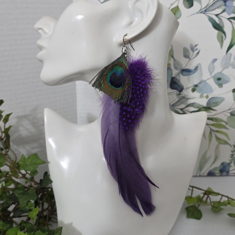 Boho Long Purple Real Feather Earrings - Picture 6 of 7